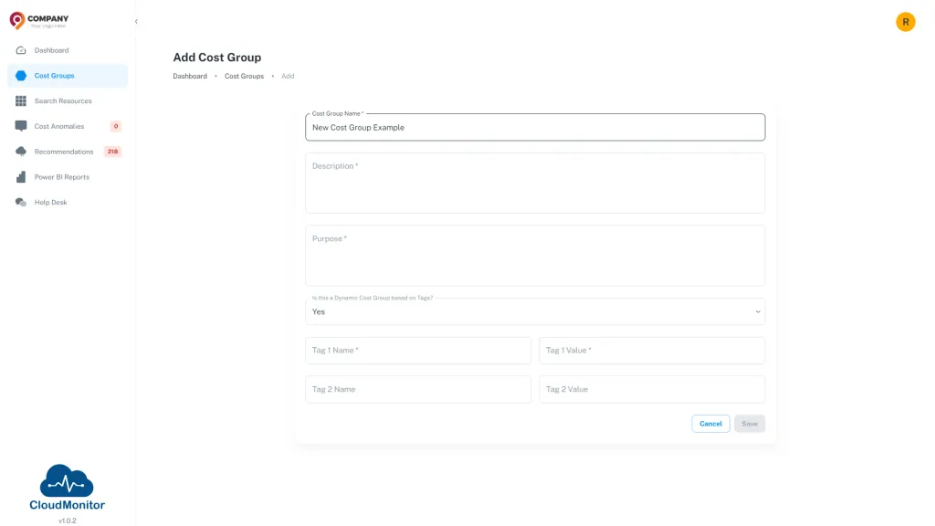 CloudMonitor admin app showing cost group setup with tag rules